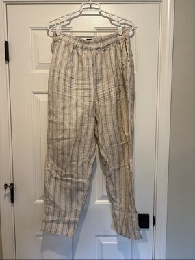 Tahari Light Beige Plaid Linen-Style Elastic Waist women’s casual pants, large